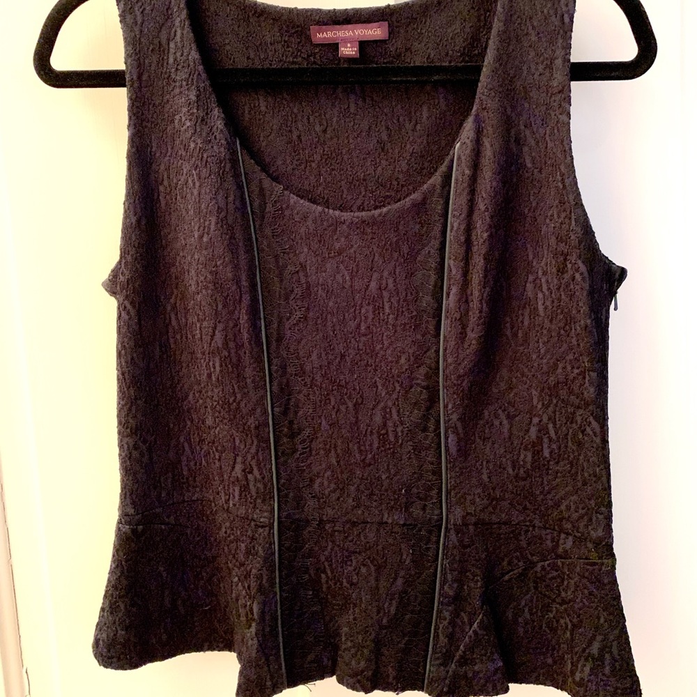Marchesa Voyage black peplum top, size 8.